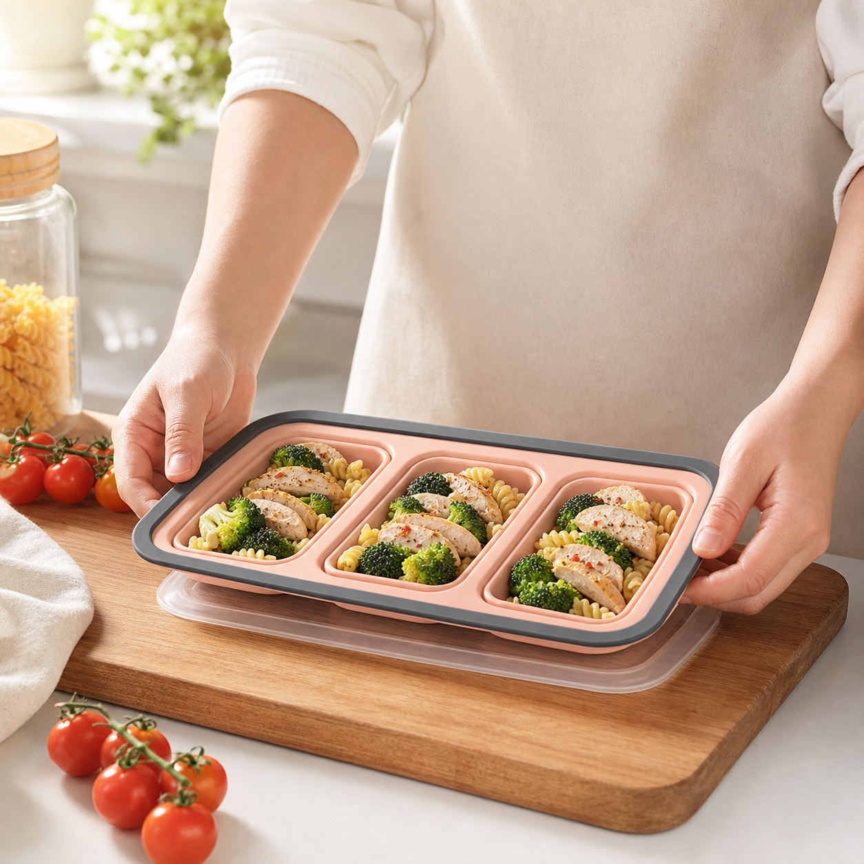 Hand pressing down the lid of a light blue collapsible silicone food storage container to seal it