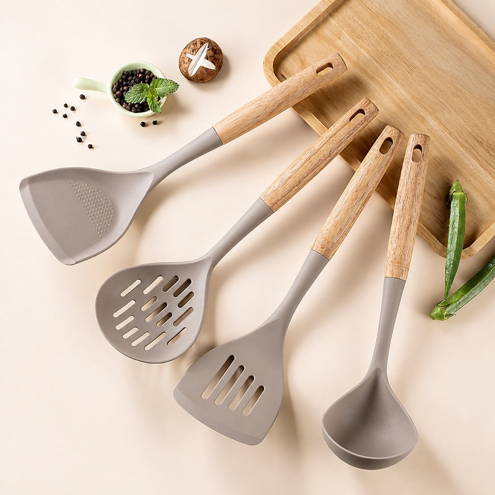 4-Piece Wooden-Handle Silicone Kitchen Utensil Set