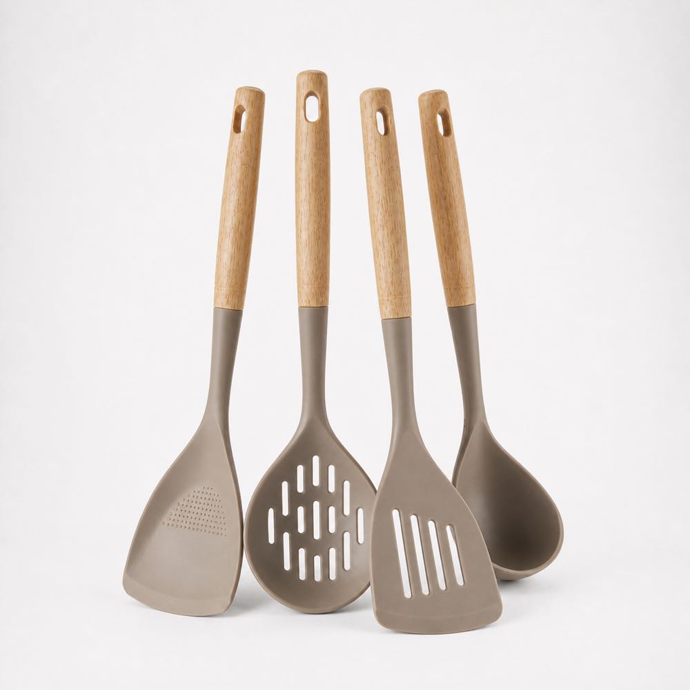 4-Piece Wooden-Handle Silicone Kitchen Utensil Set