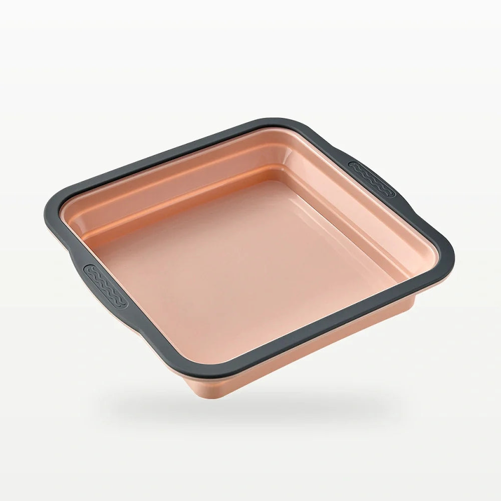 Teal foldable six-cavity silicone muffin mold with dark frame and collapsible cups shown empty on white background